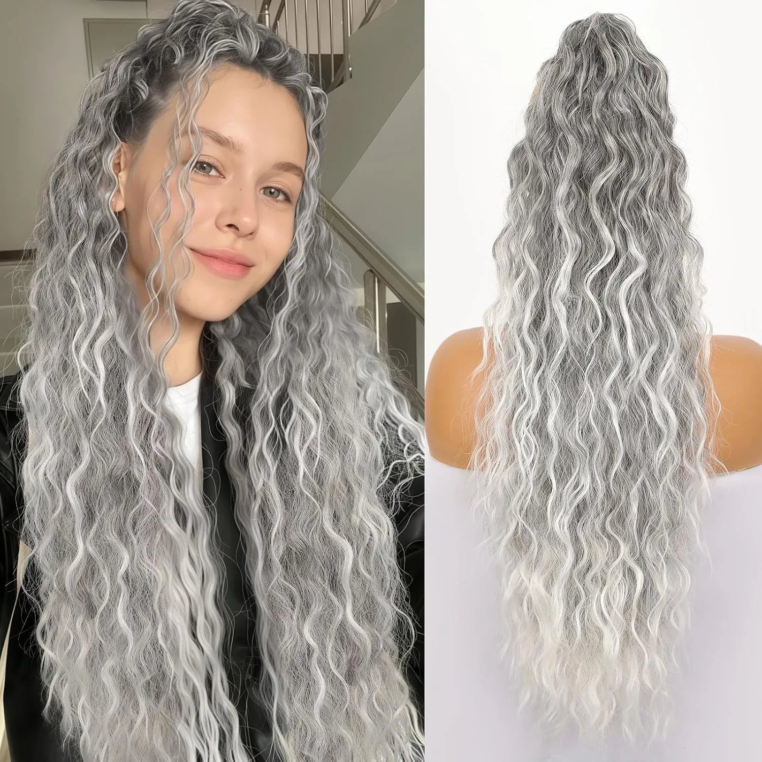 Long, fluffy curly synthetic ponytail wig in a high temperature fibre, shown in a 30-inch length.