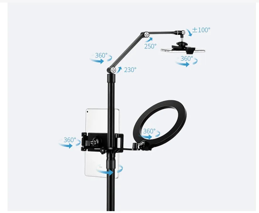 Black floor-standing mobile phone tablet stand with fill light and folding rotation mechanism