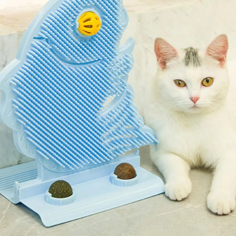 Blue, grey, or pink plastic fish-shaped cat wall scratcher toy set with catnip balls and a bell.