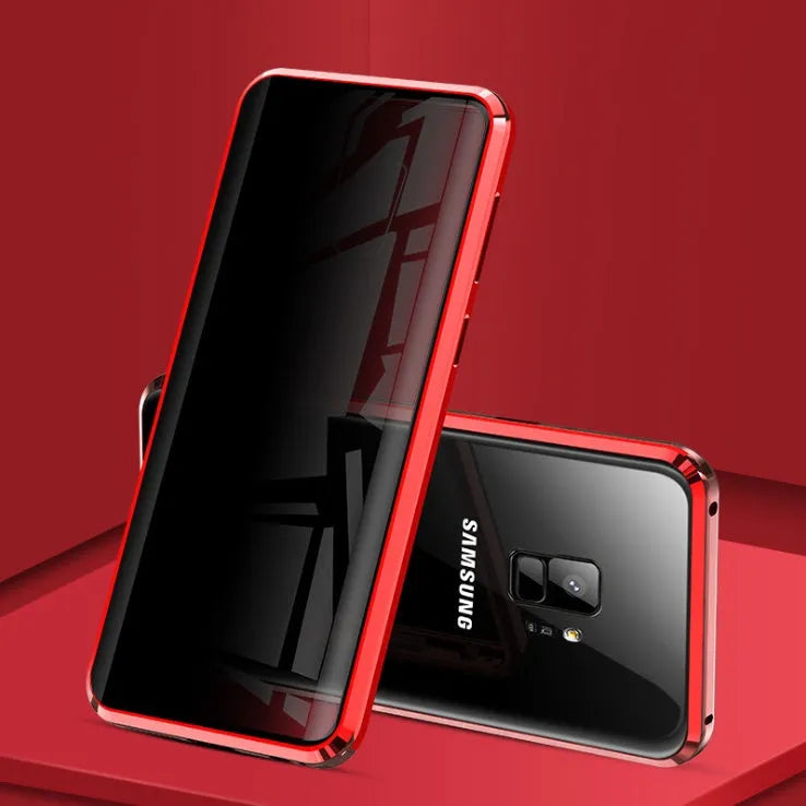 Samsung anti-peeping magnetic phone case in clamshell design with double-sided glass construction