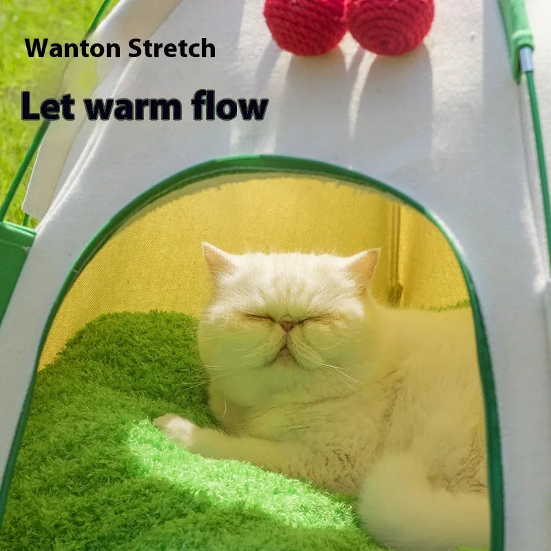 Grey dome-shaped cloth pet tent with a thick padded base for a cat.
