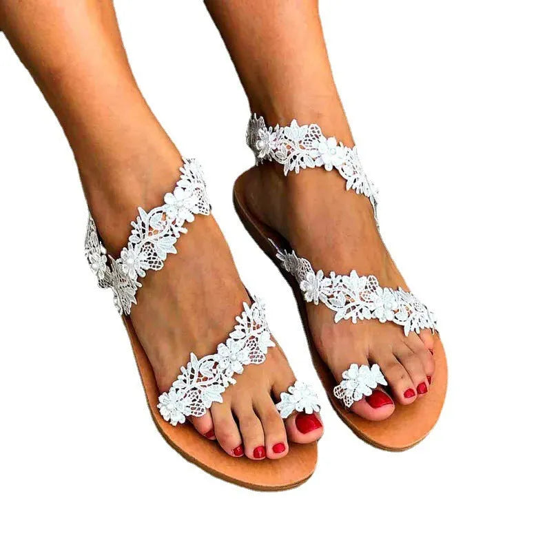 White women's flat sandals with rhinestone flower decoration on round toe casual slip-on shoes