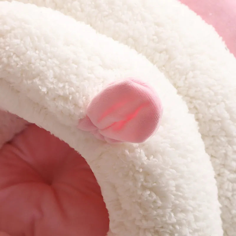 Washable cat nest with removable cover in blue, pink or purple colours, showing M and S size options