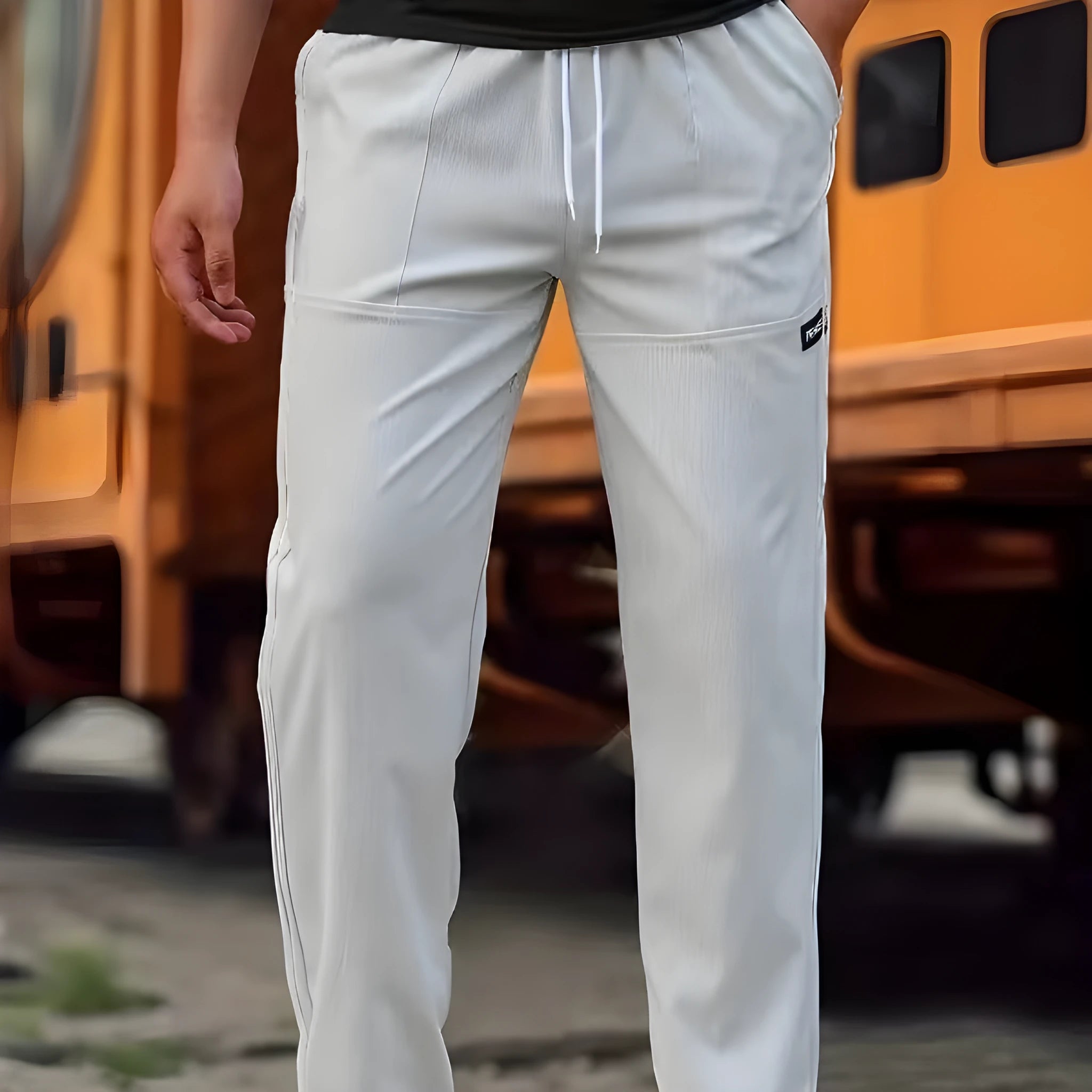 Men's light grey polyester trousers for spring and autumn casual wear, laid flat.