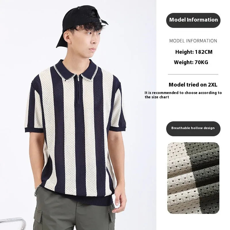 Men's striped short sleeve viscose sweater with zip detail in sapphire blue colour