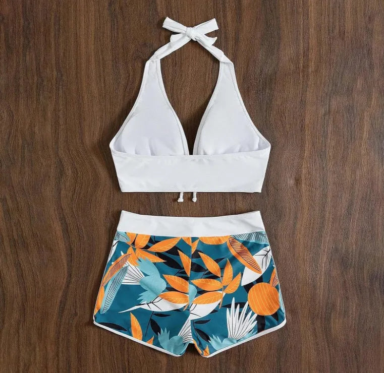 Women's solid colour top leaf print boxers swimsuit set in white, backless briefs, polyester