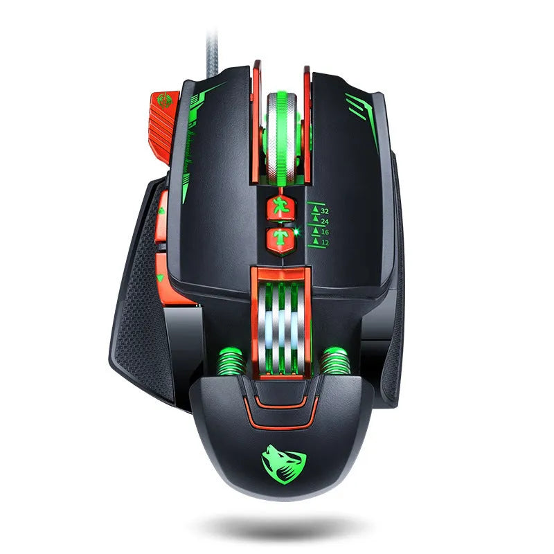 Black Thunder Wolf V9 wired gaming mouse with 6 buttons on an ergonomic shape.