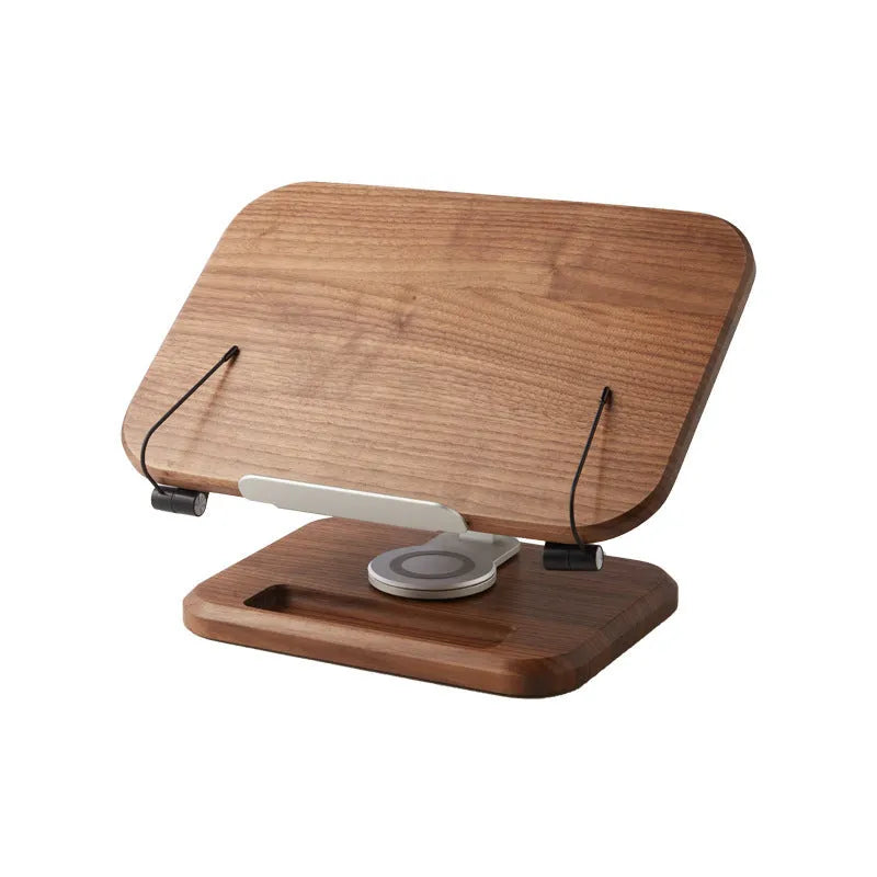 Adjustable walnut-coloured solid wood reading rack holding a book at an angle.