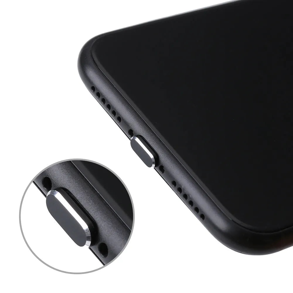 Aluminium alloy dust plug for iPhone charging port in various colours.