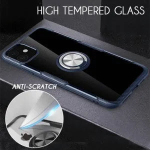Black PU iPhone case with integrated car holder for iPhone 11 Pro Max shown from the back.