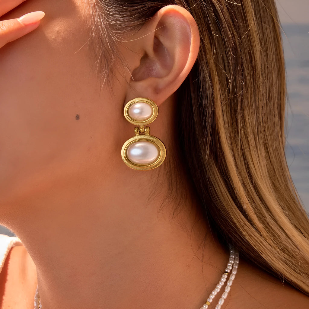 French retro stainless steel earrings with 18K marking, pearl and geometric ellipse shape, colour NMSE-J725-4
