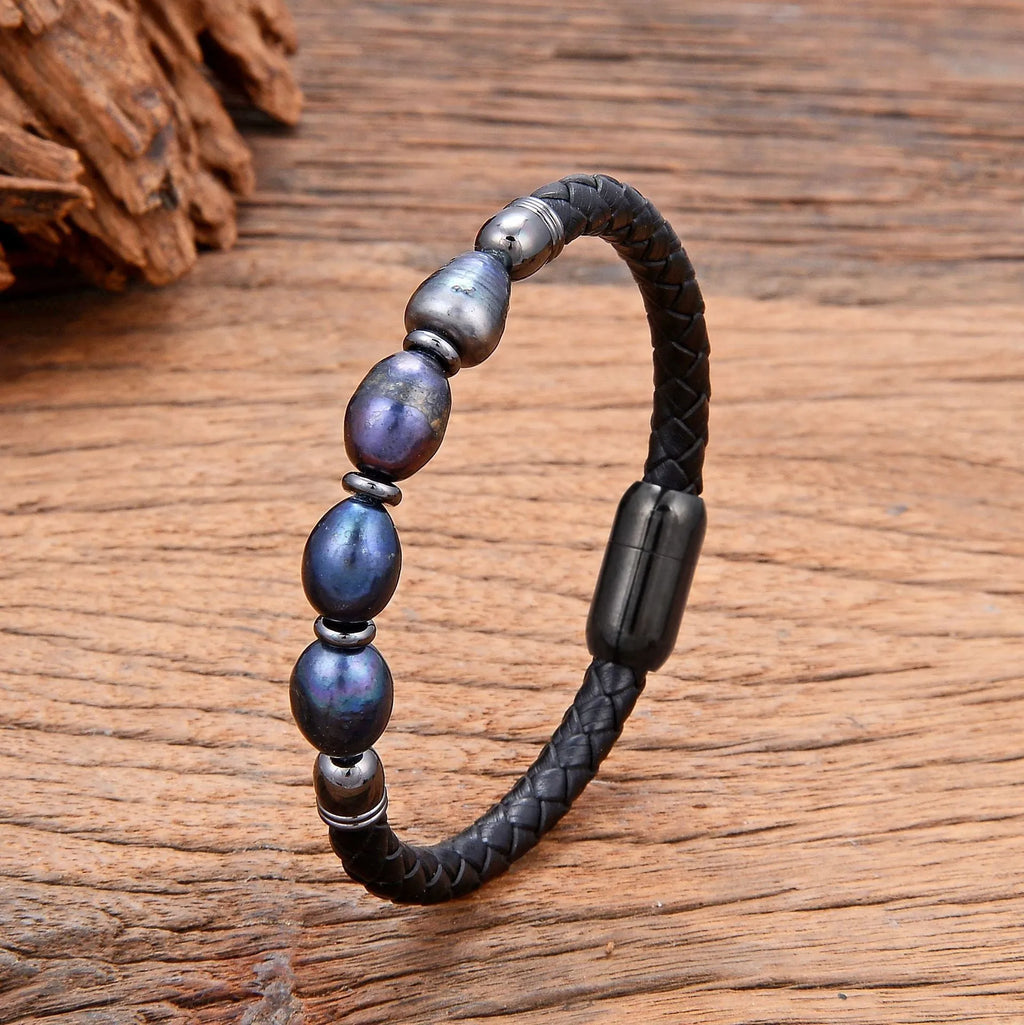Korean style leather bracelet with irregular shaped pearls and adjustable fastening