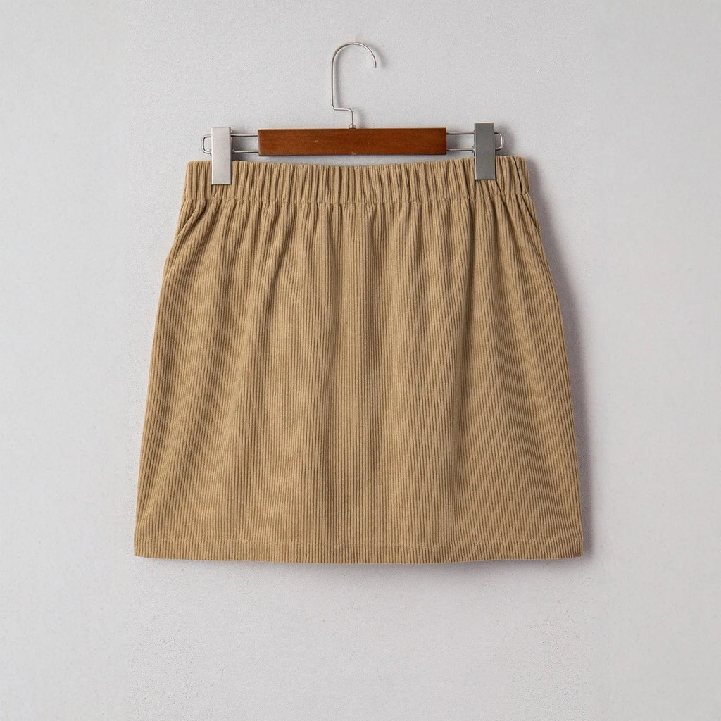 Women's corduroy hip skirt in coffee colour with button detail, short length, polyester fabric