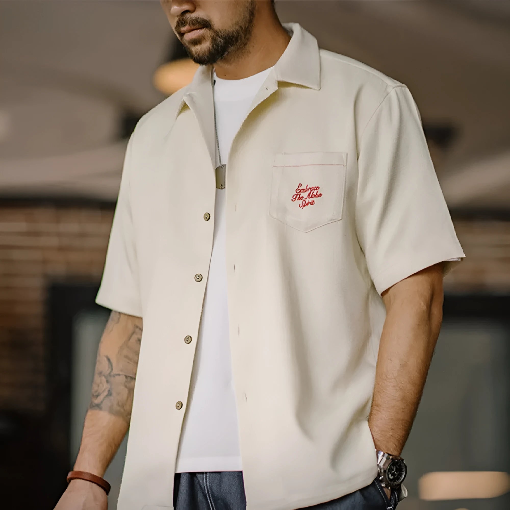 Light apricot men's Cuban collar shirt with bamboo leaf pattern short sleeves