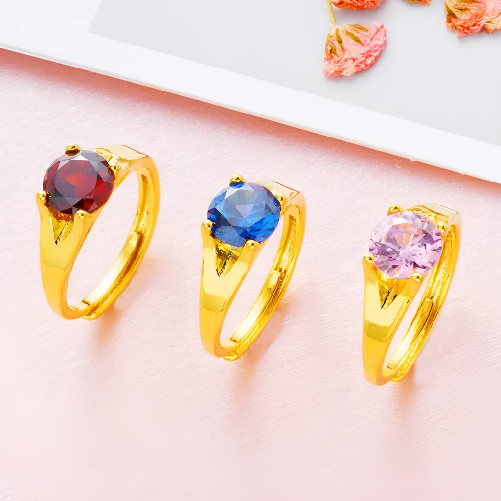 Women's adjustable copper ring with electroplated Vietnam placer gold zircon in six colour options.