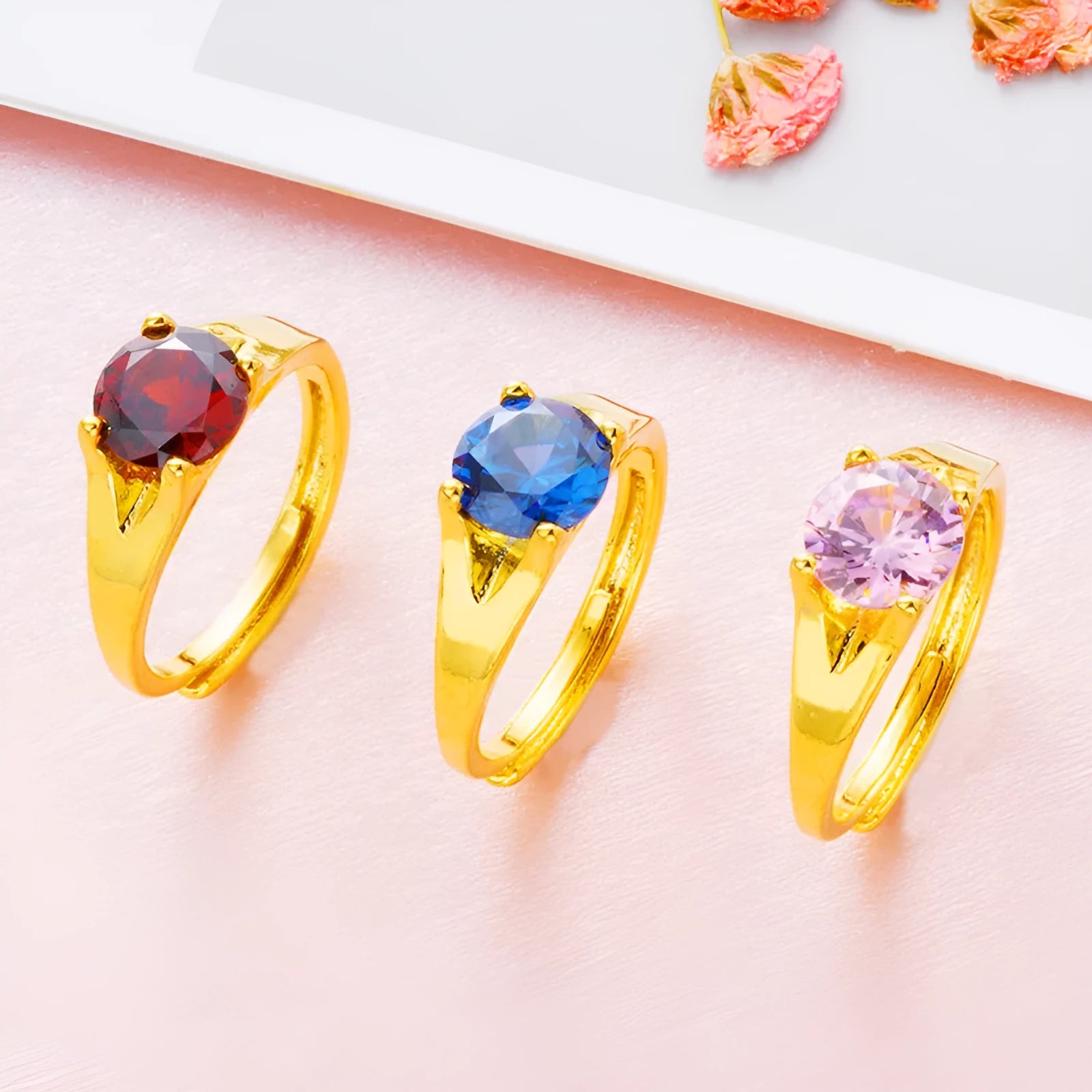 Women's adjustable copper ring with electroplated Vietnam placer gold zircon in six colour options.