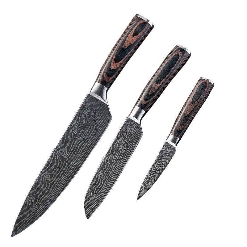 7CR17 stainless steel chef knife with laser Damascus pattern and colour steel handle, blade length 18cm.