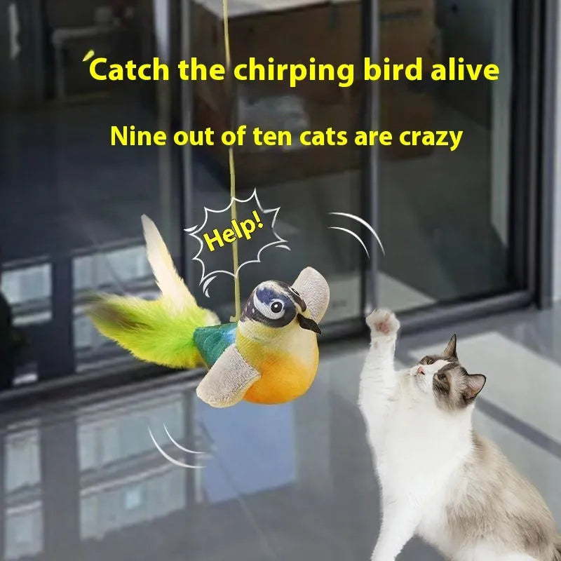 Cat toy simulation bird hanging door teaser plush bird in green white eyebrows colour