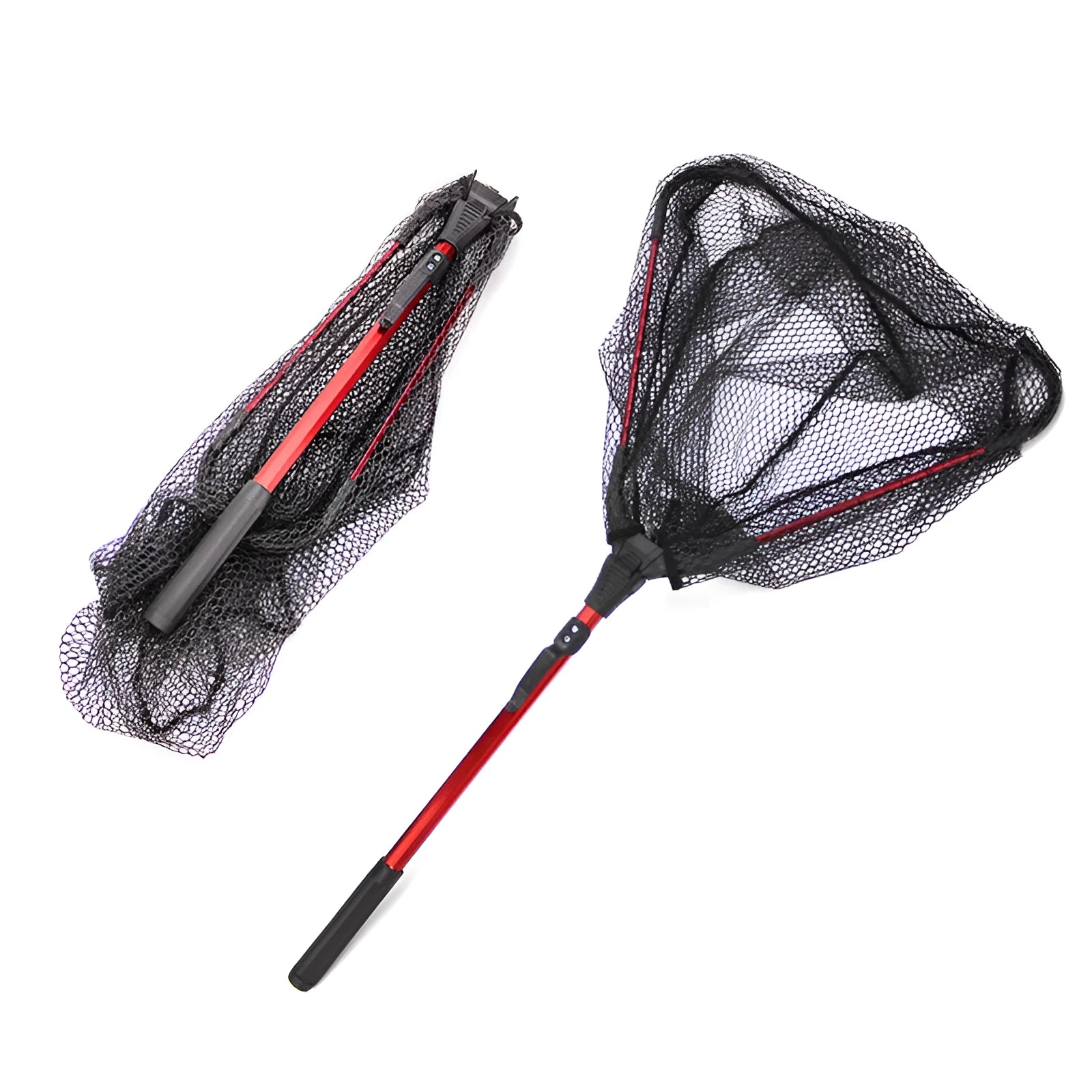 Red aluminium alloy single section triangular folding dip net collapsed to 47cm length, with viscose mesh, on a wooden table