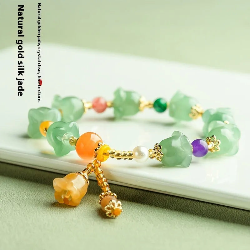 Carved jade bracelet with orchid beads for women's 14-18cm wrists in aventurine orchid colour