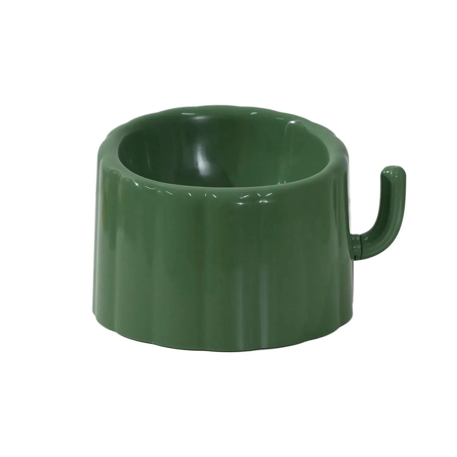 Dark green cactus design cat bowl with high-stand construction and weighted anti-slip base
