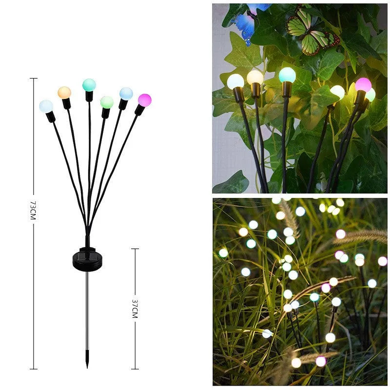 Solar-powered LED garden ground light with multiple light heads and a pneumatic foot pedal for installation.