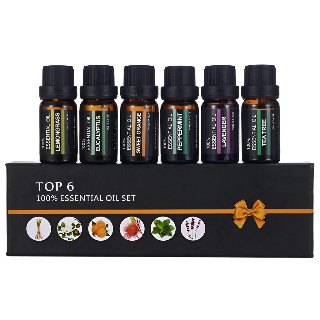 Six 10ml aromatherapy massage oil bottles with lavender, tea tree and citrus essential oil blends