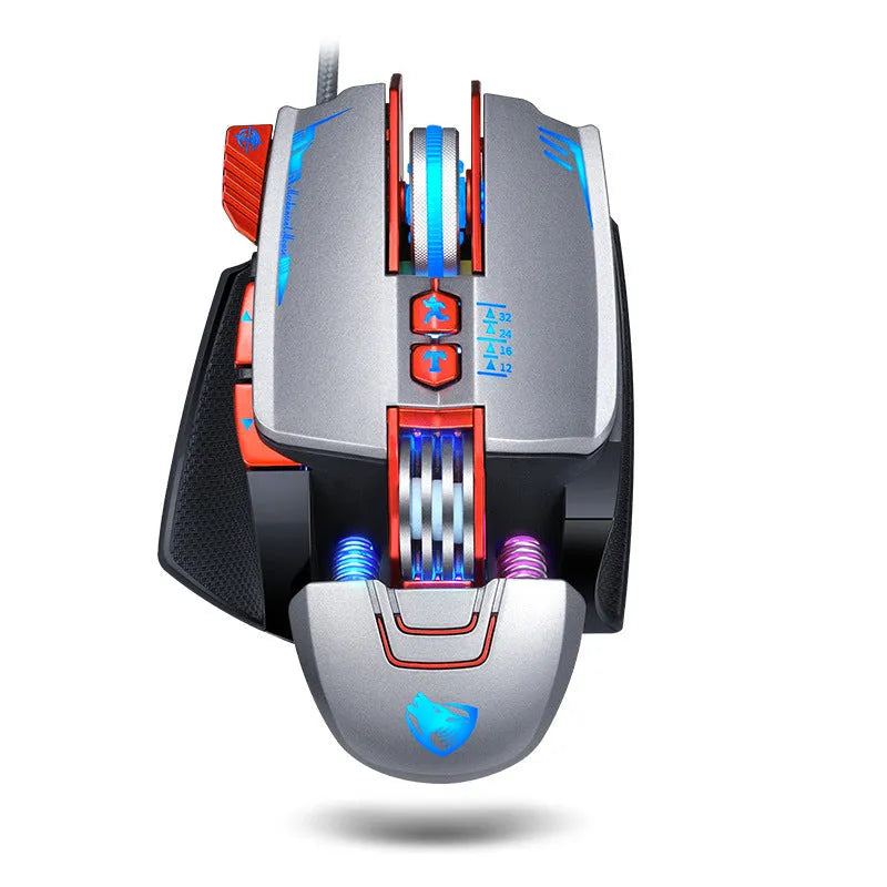 Black Thunder Wolf V9 wired gaming mouse with 6 buttons on an ergonomic shape.