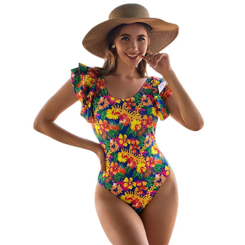 Women's one-piece swimsuit with U-shaped collar and lace trim in sleeveless polyester design
