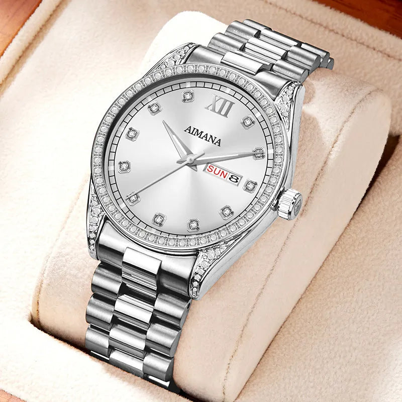 Log Series diamond disc quartz women's watch with steel strip strap, 10mm case, silver or rose shell finish