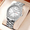 Log Series diamond disc quartz women's watch with steel strip strap, 10mm case, silver or rose shell finish