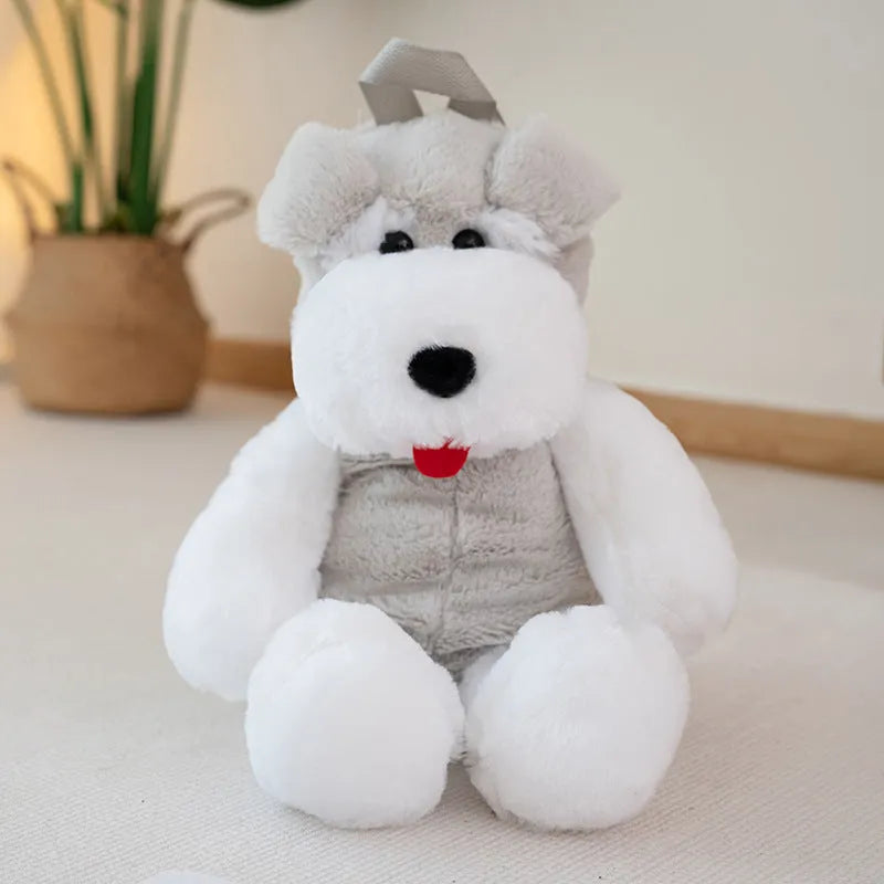 Light gray schnauzer plush backpack with ultra-light design, 45x22x20cm dimensions
