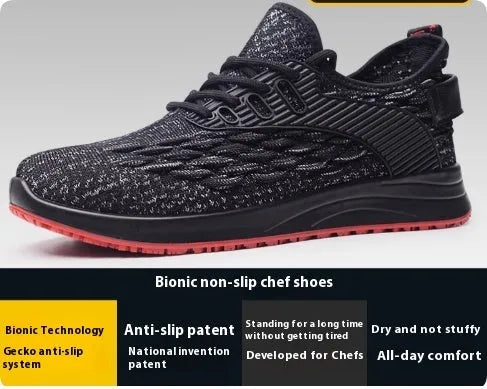 Men's anti slip waterproof oil proof kitchen shoes with mesh fabric upper and lace up closure