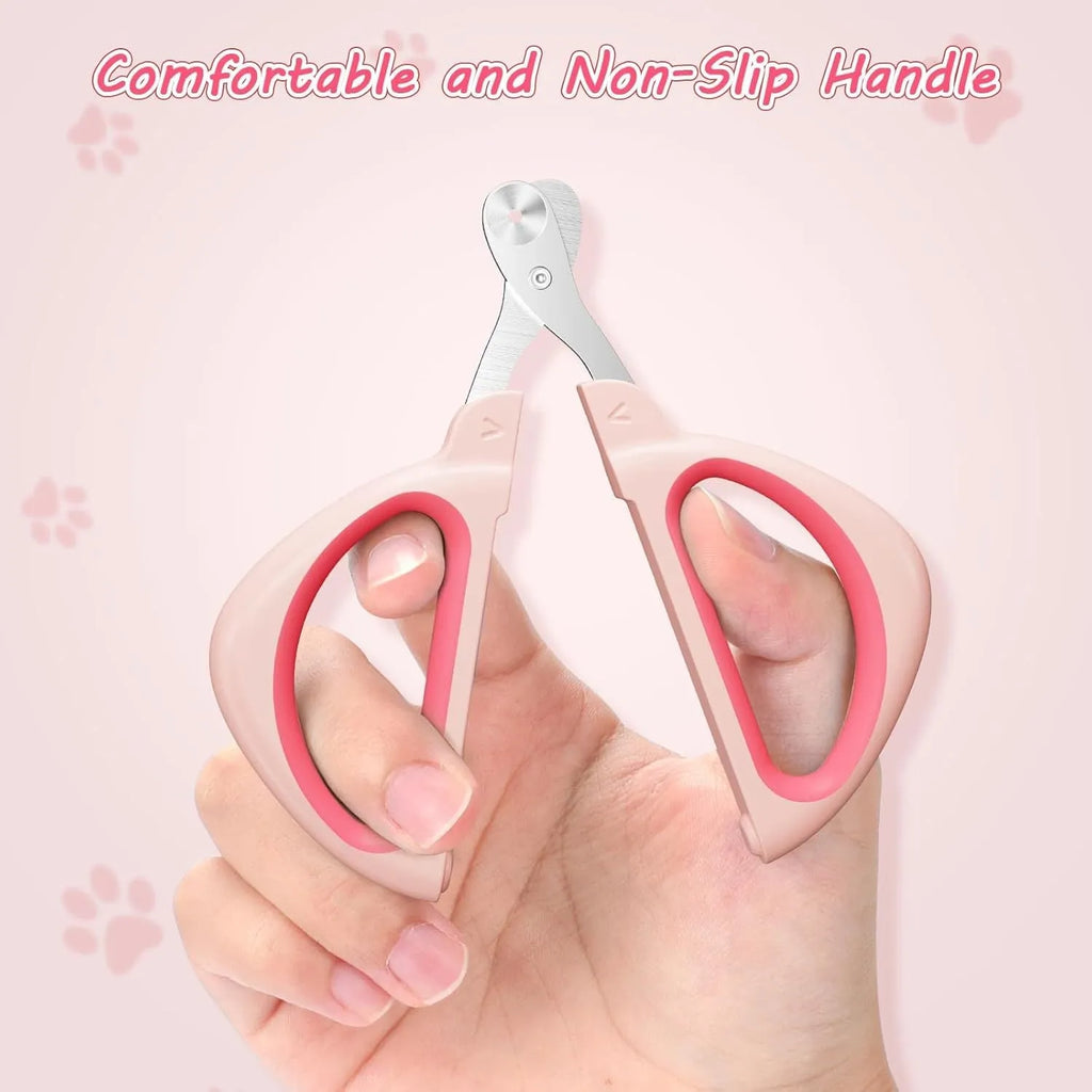 Blue cat nail clipper with a round positioning hole and non-slip handles on a white background.
