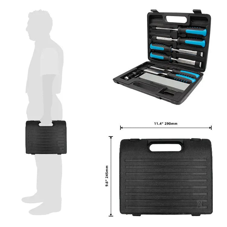 8-piece wood chisel set with blue finish including sharpening stone