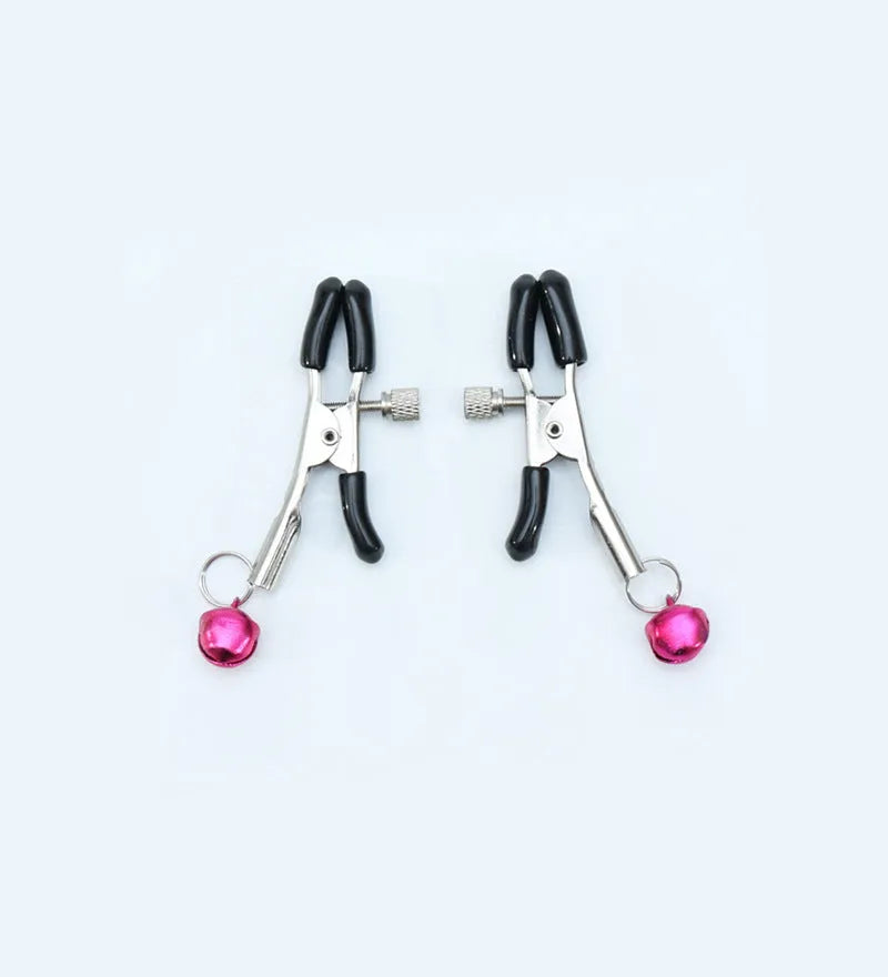 Red single bell nipple clamp pair with reel chain and two gold bells on white background