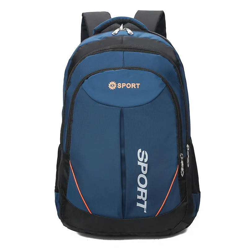 Men's large capacity nylon backpack in black with curved shoulder straps and letter design