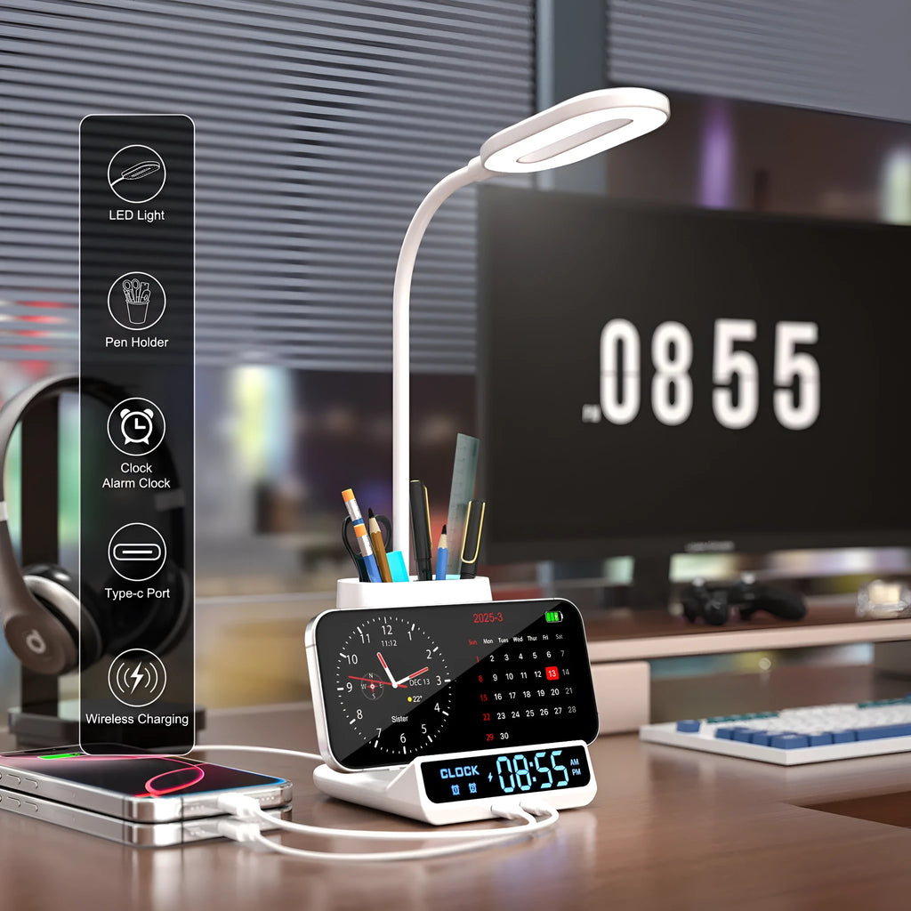 Black and white minimalist desk lamp with wireless charging pad, pen holder, and storage box.