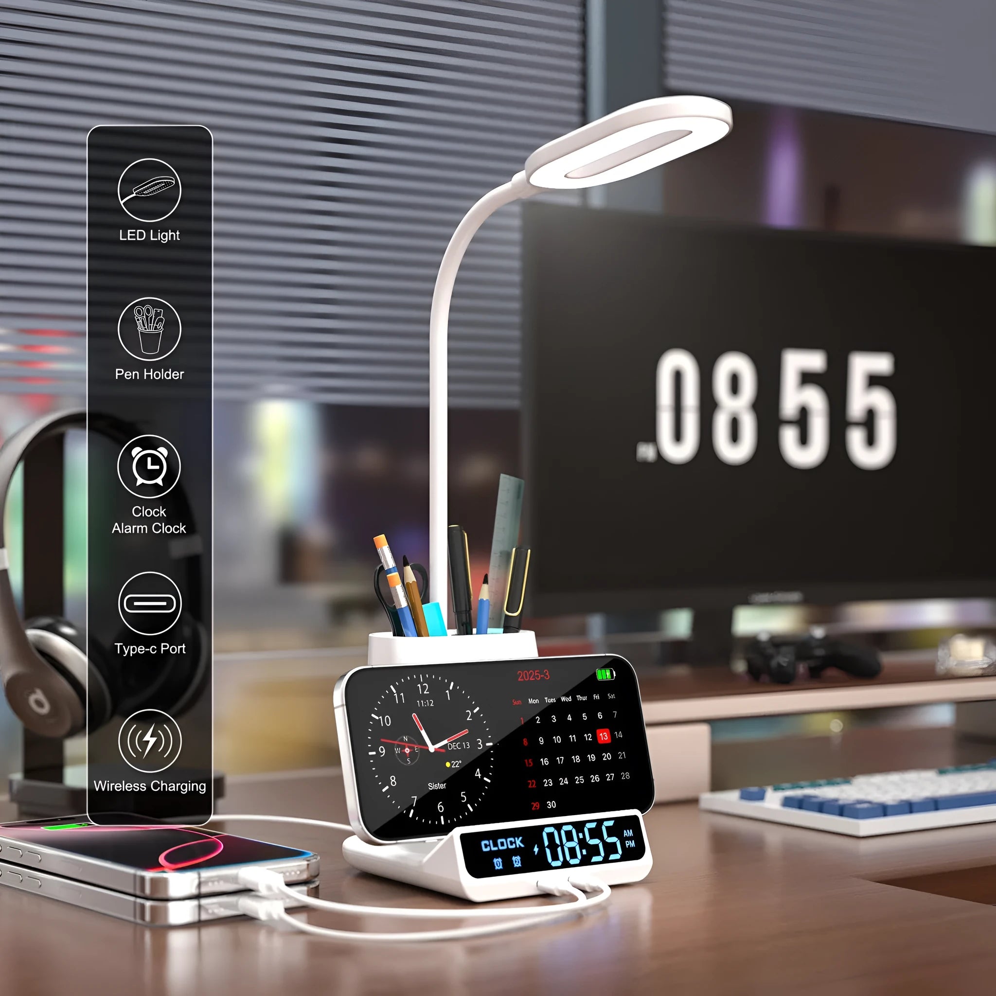 Black and white minimalist desk lamp with wireless charging pad, pen holder, and storage box.