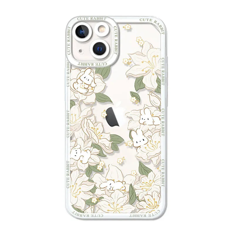 UV printed transparent TPU phone case with Angel Eyes rabbit and flower design for Apple iPhone 15 Pro Max