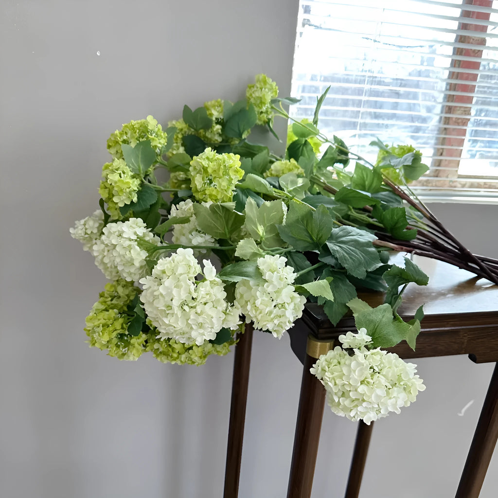 Artificial silk hydrangea flower decoration prop with long branches in white and green for wedding and home use