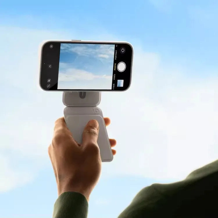 Magnetic mobile phone holder case in Movas leather showing the built-in stand in open and closed positions.