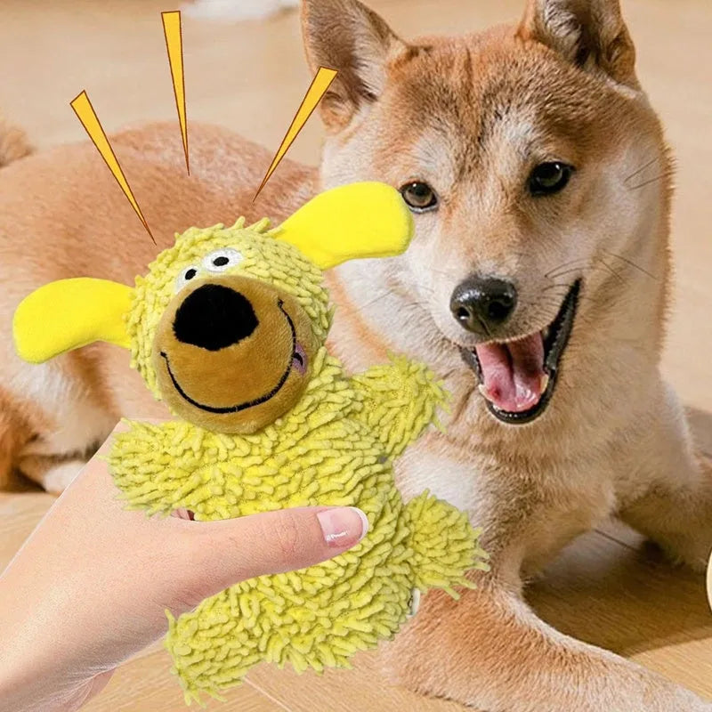 Squeaky plush dog toy in blue with cheerful dog shape and built-in squeaker