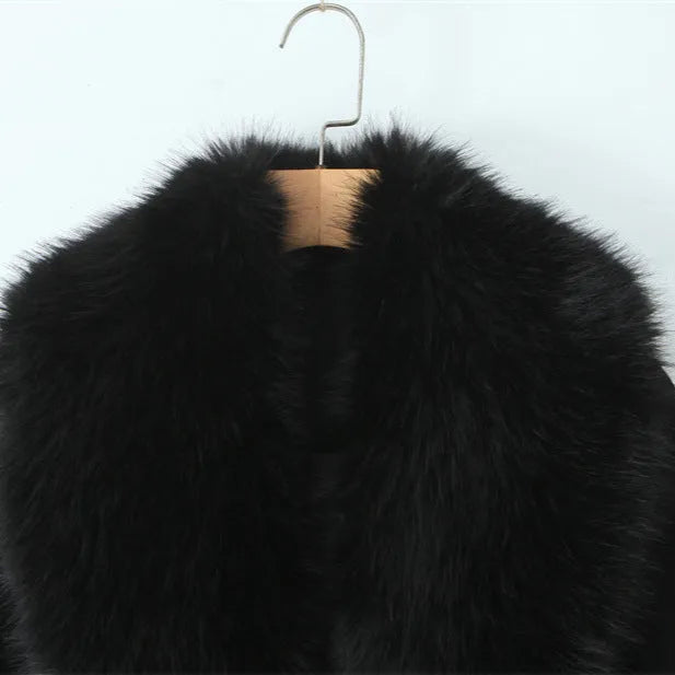 Women's long wool blend coat with detachable big rabbit fur collar and belt, front view, pattern colour