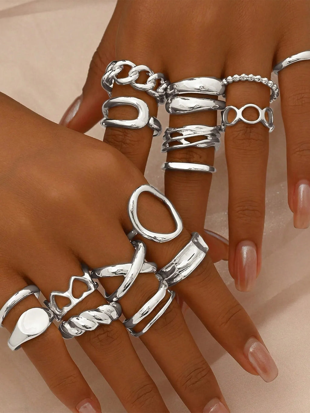 16-piece women's open ring set in silver or gold with love and geometric designs