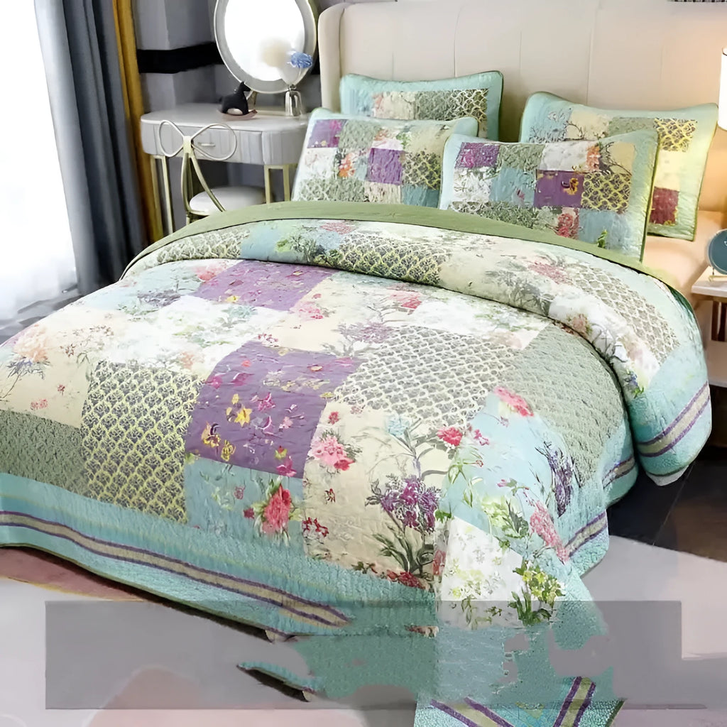 Pure cotton flower-spliced bedding three-piece set on a 2.0m bed with pillowcases