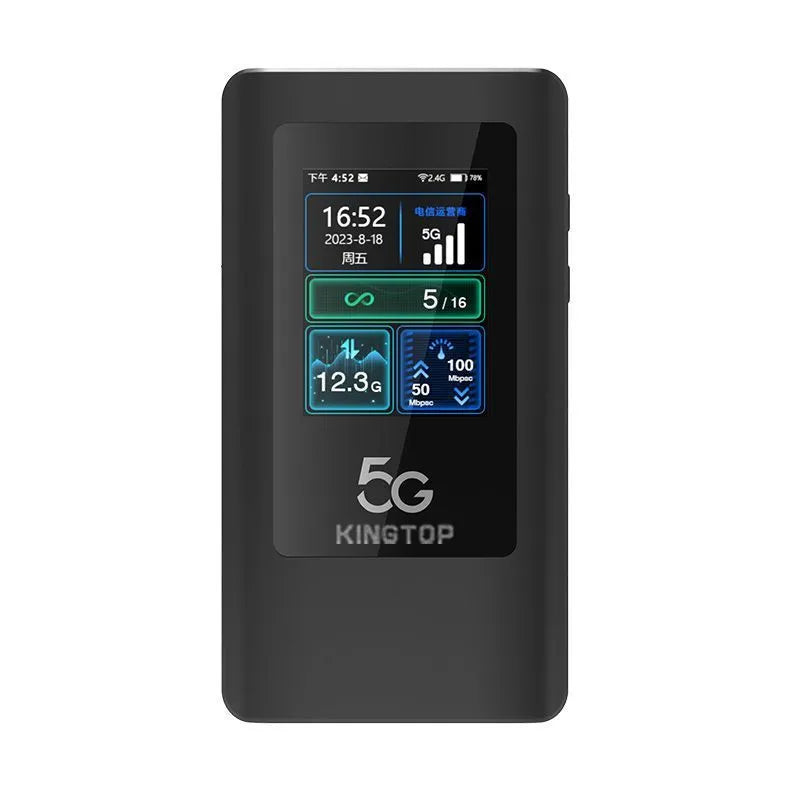 Black 5G portable Wi-Fi router with display screen, shown with charging cable and power adapter.