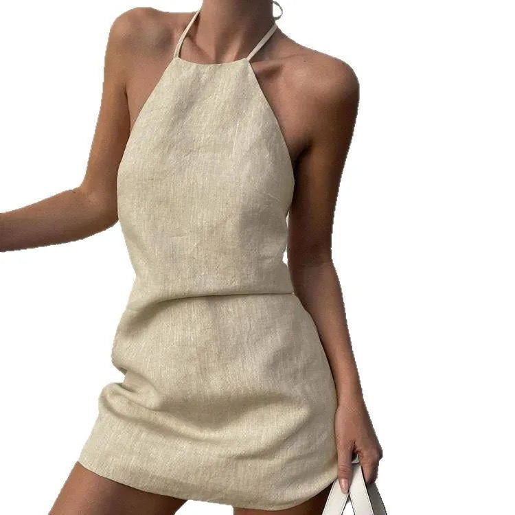 Women's summer cotton linen dress solid colour A-line dress front view