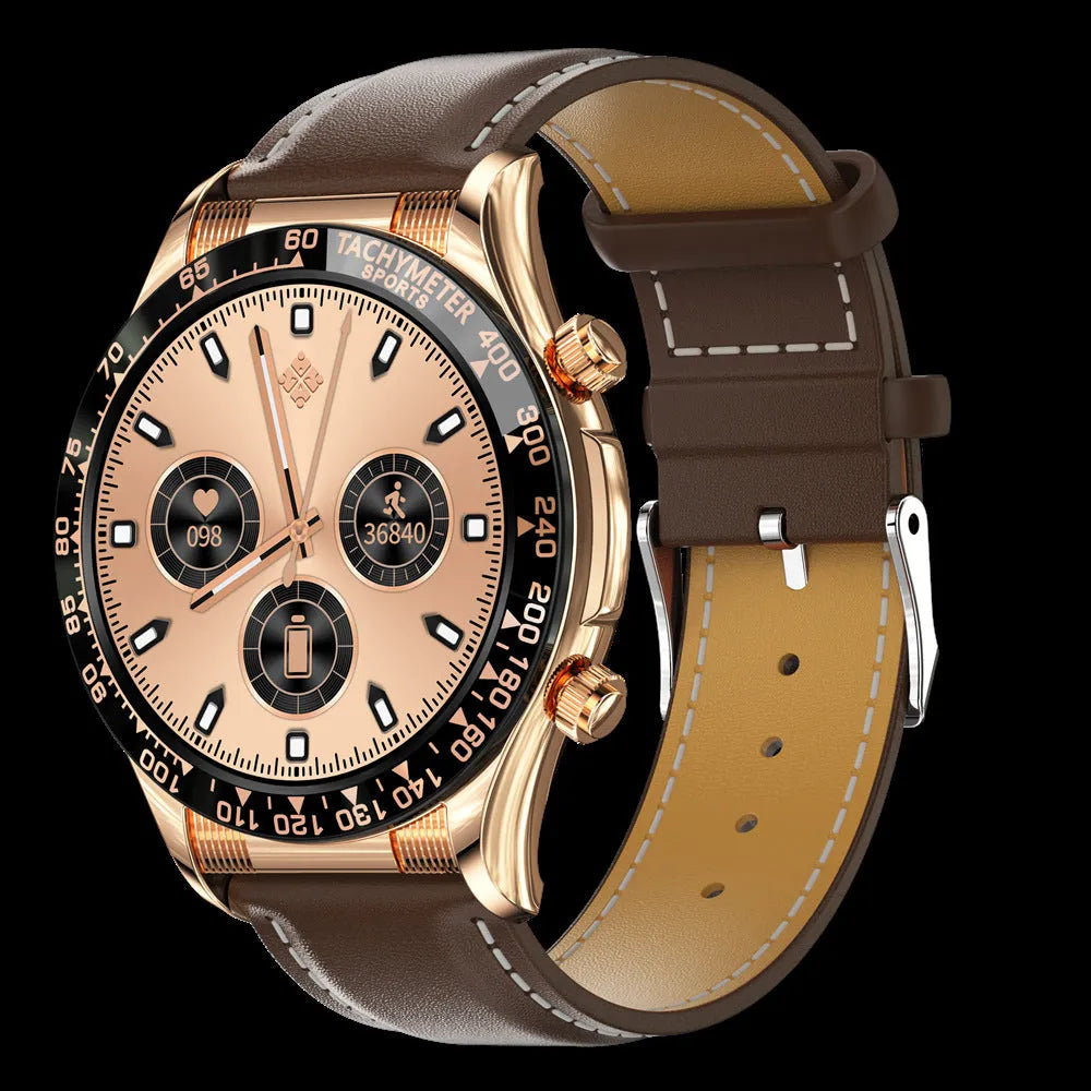 Men's black Bluetooth smart watch with silicone strap showing health stats on its IPS screen.