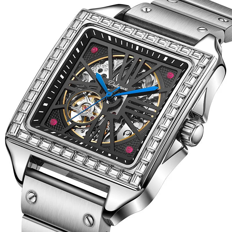 Men's square automatic watch with diamond studs on a black leather strap.